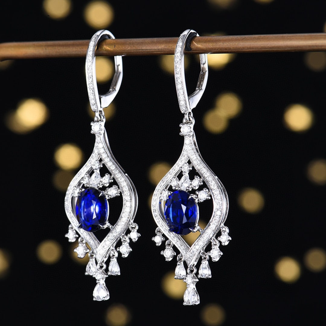 14k Gold 4.22 Ctw Natural Sapphire & Diamond Earrings - 2