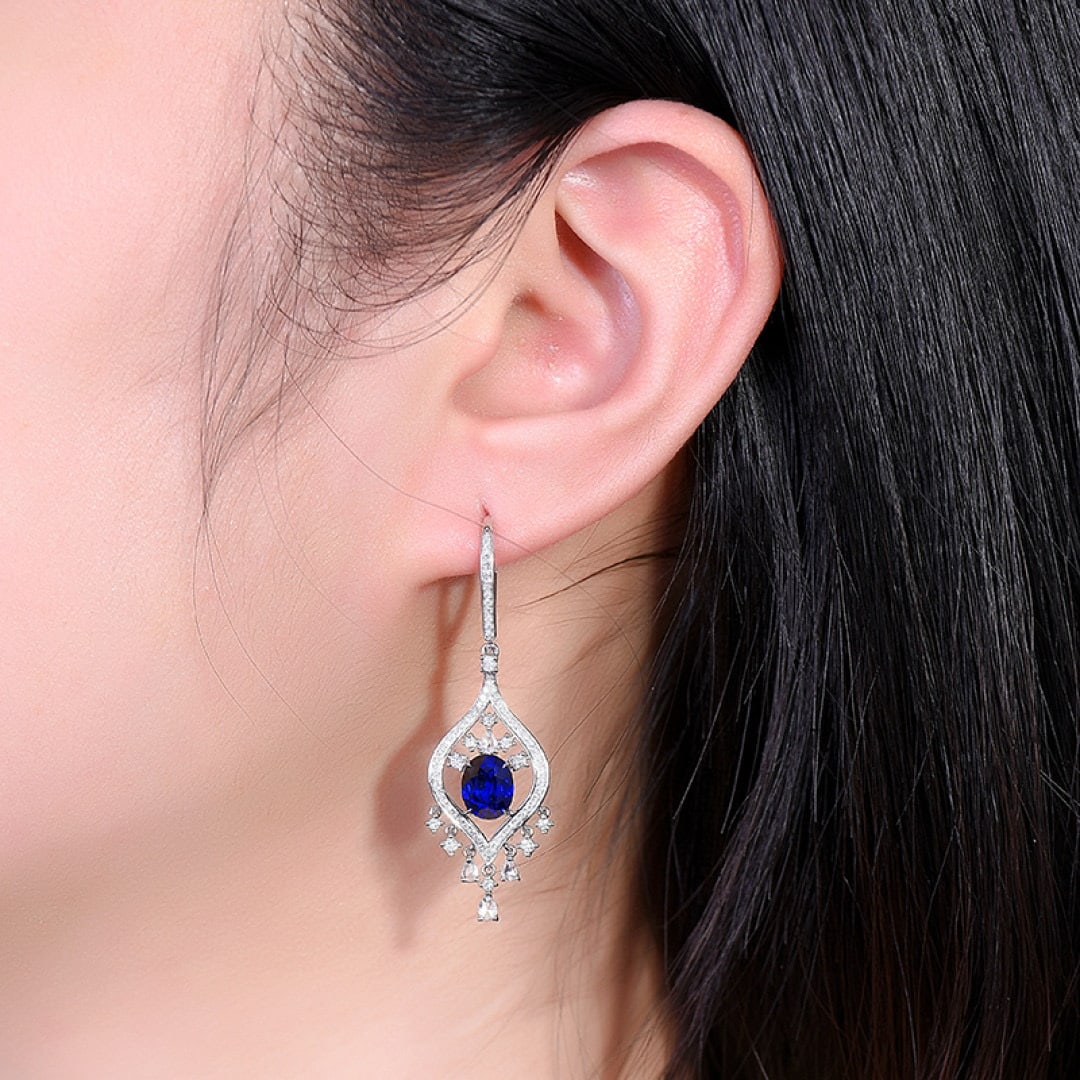 14k Gold 4.22 Ctw Natural Sapphire & Diamond Earrings - 6