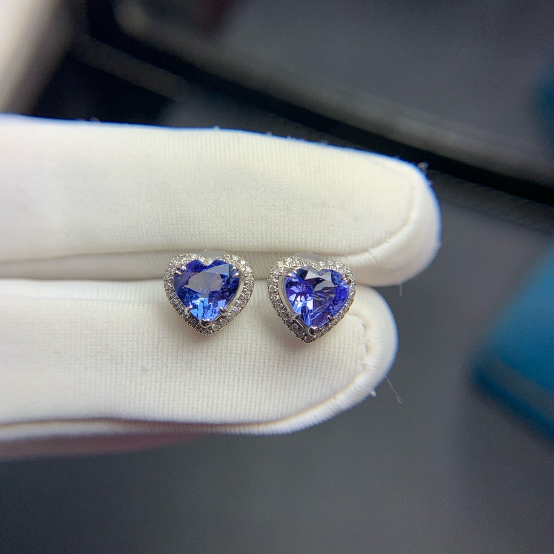 14k Gold 1.8 Ct Natural Tanzanite & Diamond Earrings - 4