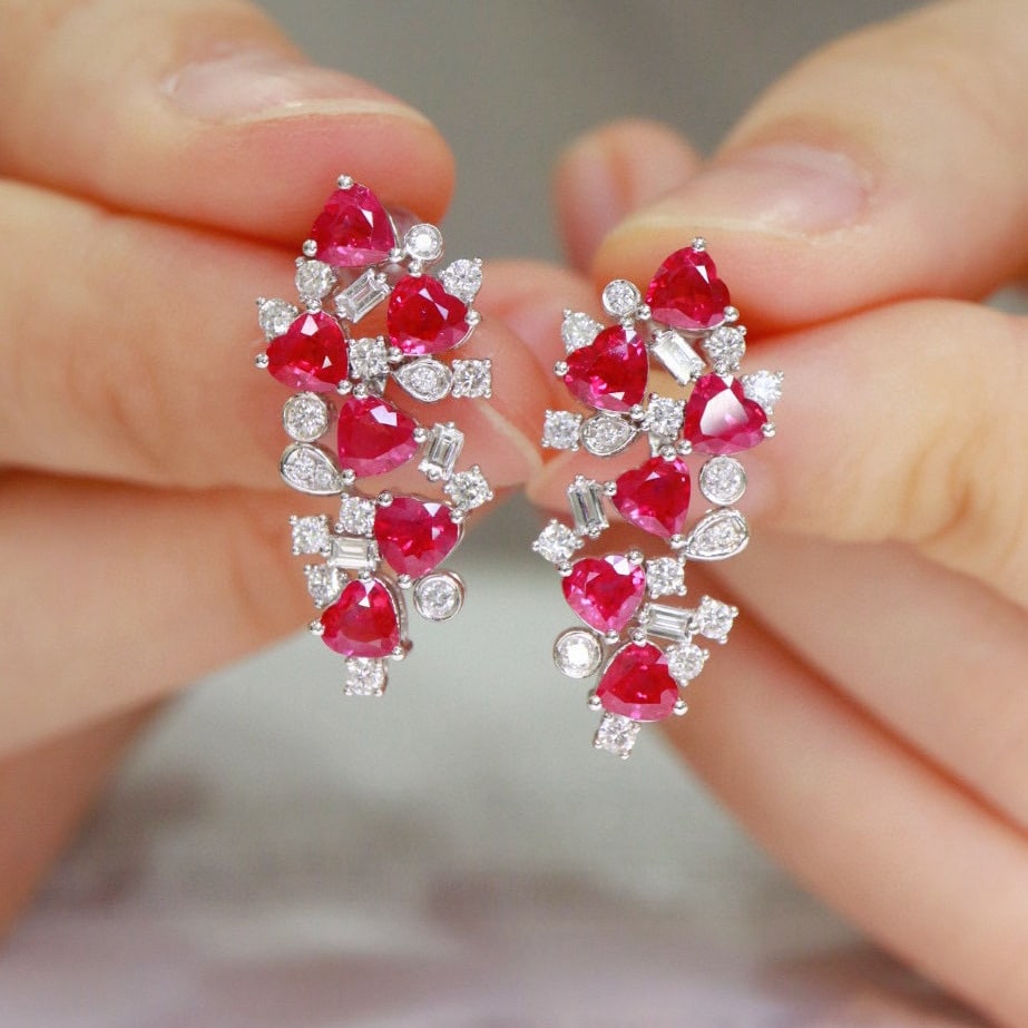 14k Gold 3.8 Ctw Natural Ruby & Diamond Earrings - 4