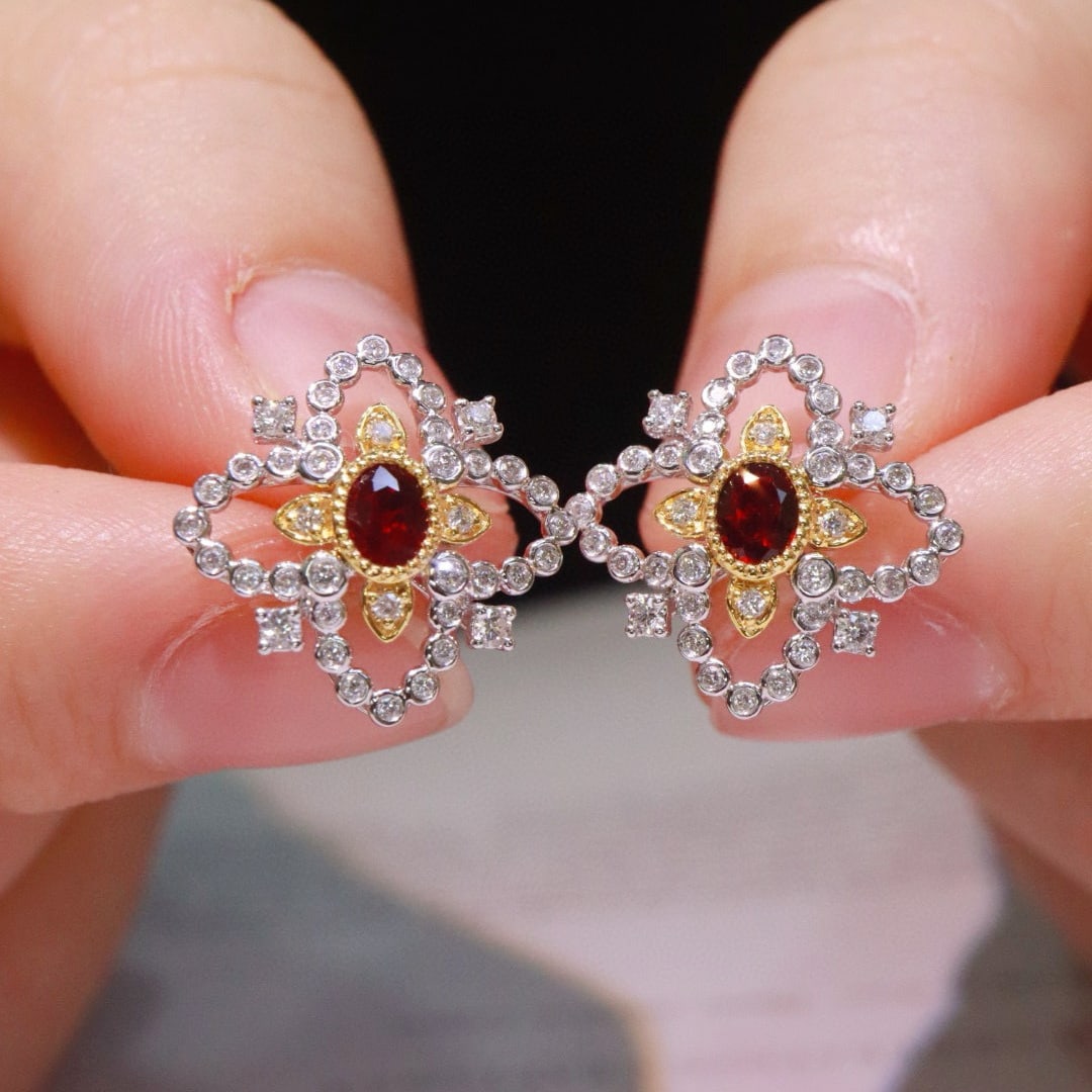 14k Gold 0.8 Ctw Natural Ruby & Diamond Earrings - 2