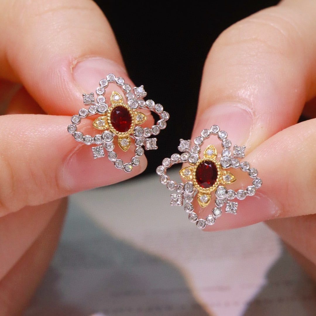 14k Gold 0.8 Ctw Natural Ruby & Diamond Earrings - 3