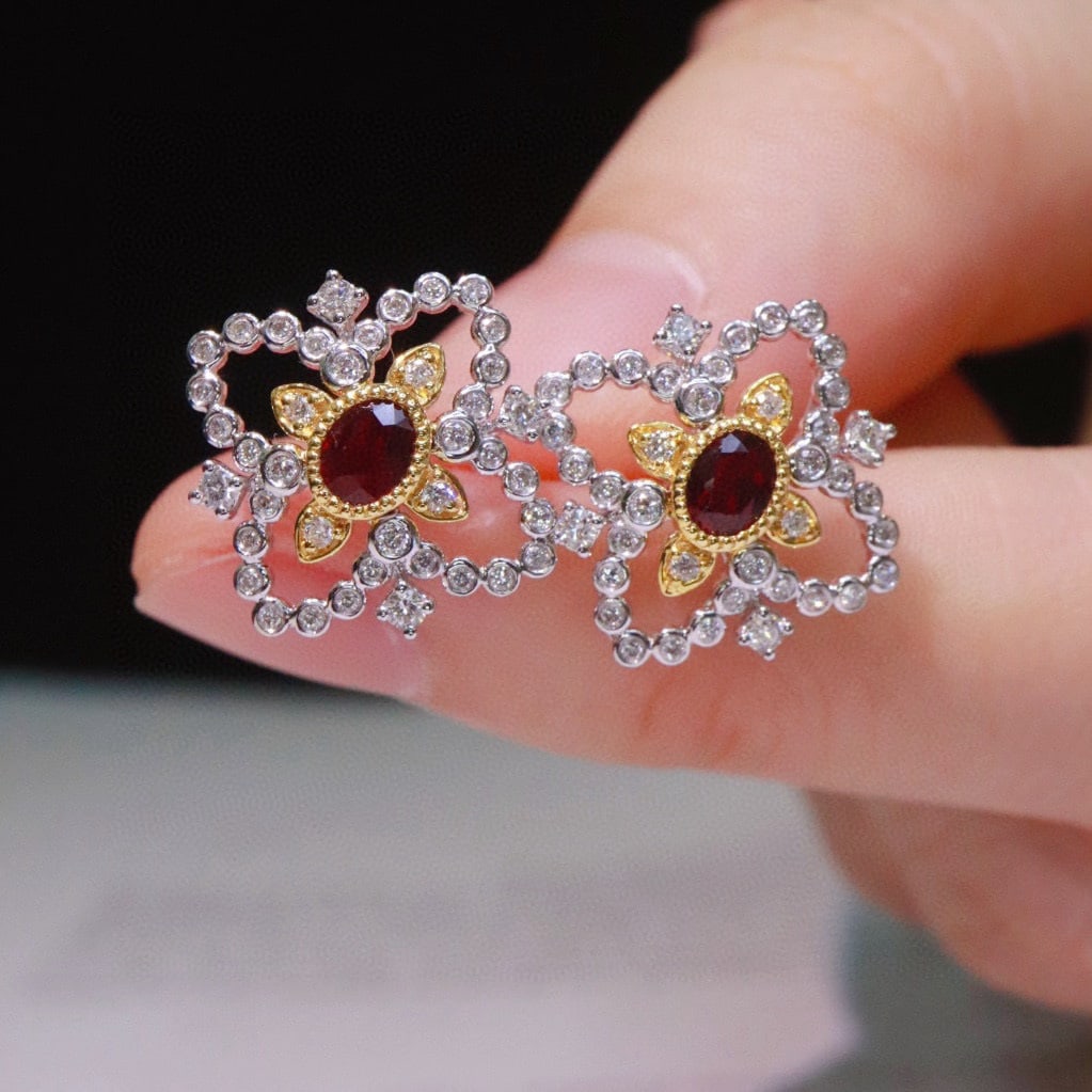 14k Gold 0.8 Ctw Natural Ruby & Diamond Earrings - 4