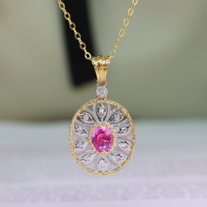 14k Gold 0.74 Ctw Natural Padparadscha Sapphire & Diamond Pendant( Without Chain ): Ref:230951189 // gold content:14k gold // main gemstone:padparadscha sapphire // shape:oval // carat weight:0. 66ct // color:orangish pink // treatment:natural // // adjacent gemstone 2 : diamond // s