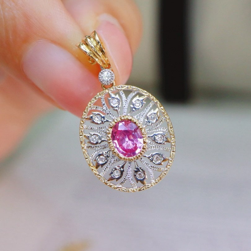 14k Gold 0.74 Ctw Natural Padparadscha Sapphire & Diamond Pendant( Without Chain ) - 4