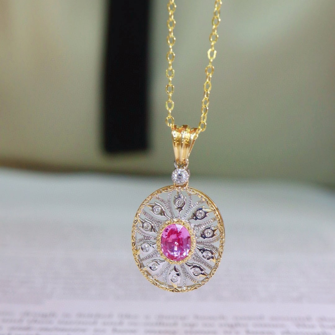 14k Gold 0.74 Ctw Natural Padparadscha Sapphire & Diamond Pendant( Without Chain ) - 8