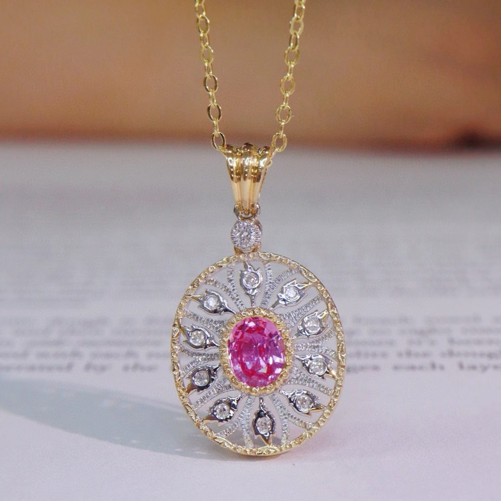 14k Gold 0.74 Ctw Natural Padparadscha Sapphire & Diamond Pendant( Without Chain ) - 9