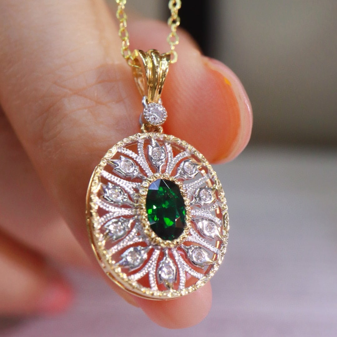 14k Gold 0.64 Ctw Vivid Green Natural Tsavorite & Diamond Pendant( Without Chain ) - 3