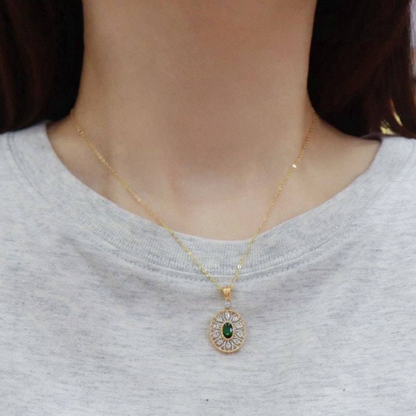 14k Gold 0.64 Ctw Vivid Green Natural Tsavorite & Diamond Pendant( Without Chain ) - 7