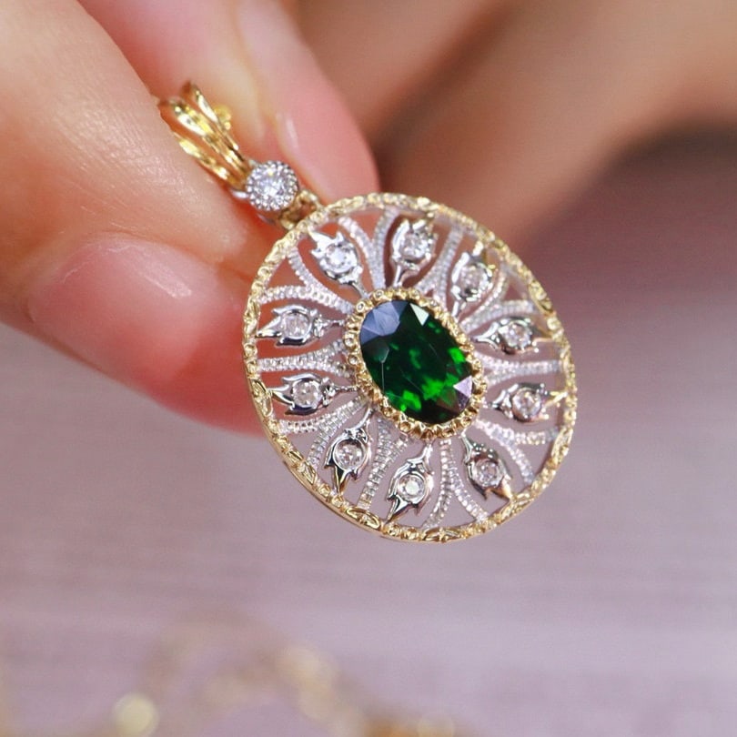 14k Gold 0.64 Ctw Vivid Green Natural Tsavorite & Diamond Pendant( Without Chain ) - 8