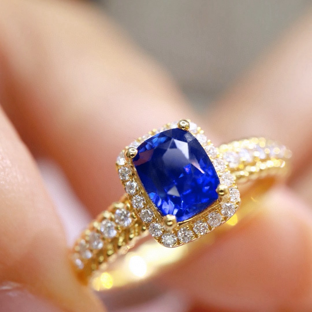 14k Gold 1.27 Ctw Natural Sapphire & Diamond Ring: Ref:230951192 // gold content:14k gold // ring size:7. 25us // // main gemstone:sapphire // shape:cushion // carat weight:1. 03ct // color:royal blue // treatment:natural // // adjacent gemstone 2 : d