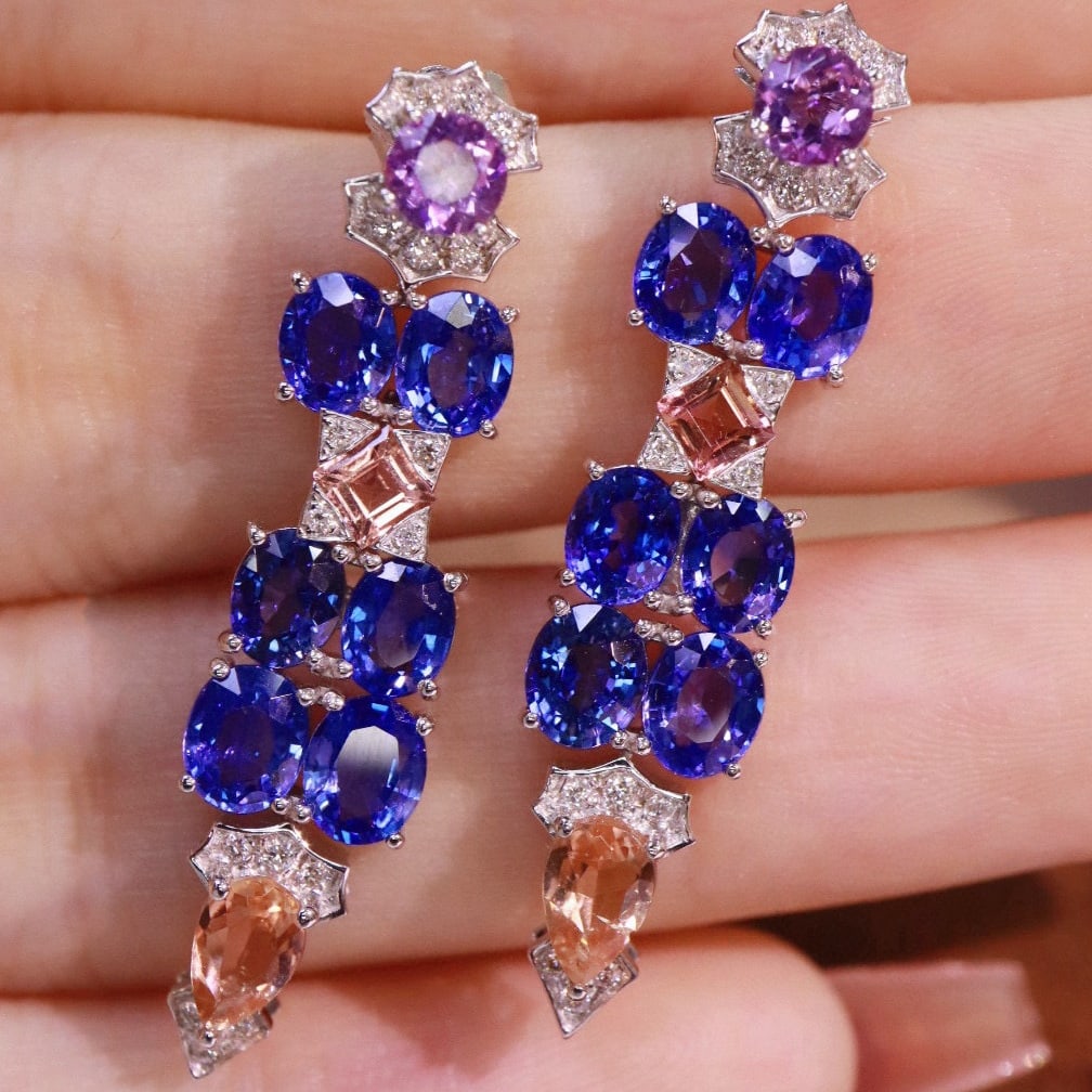 14k Gold 5.75 Ctw Natural Sapphire & Diamond Earrings - 3