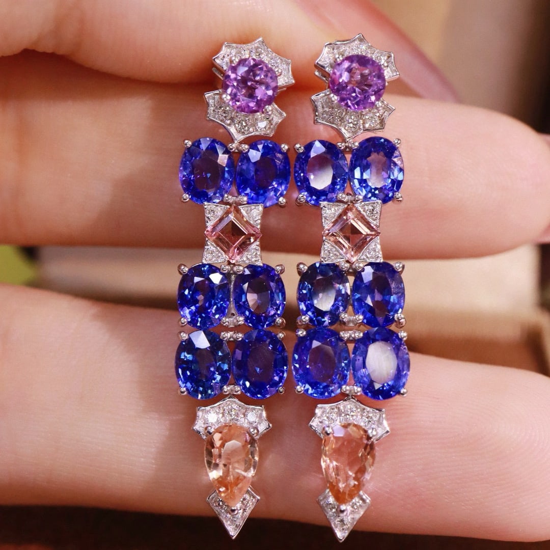 14k Gold 5.75 Ctw Natural Sapphire & Diamond Earrings - 4