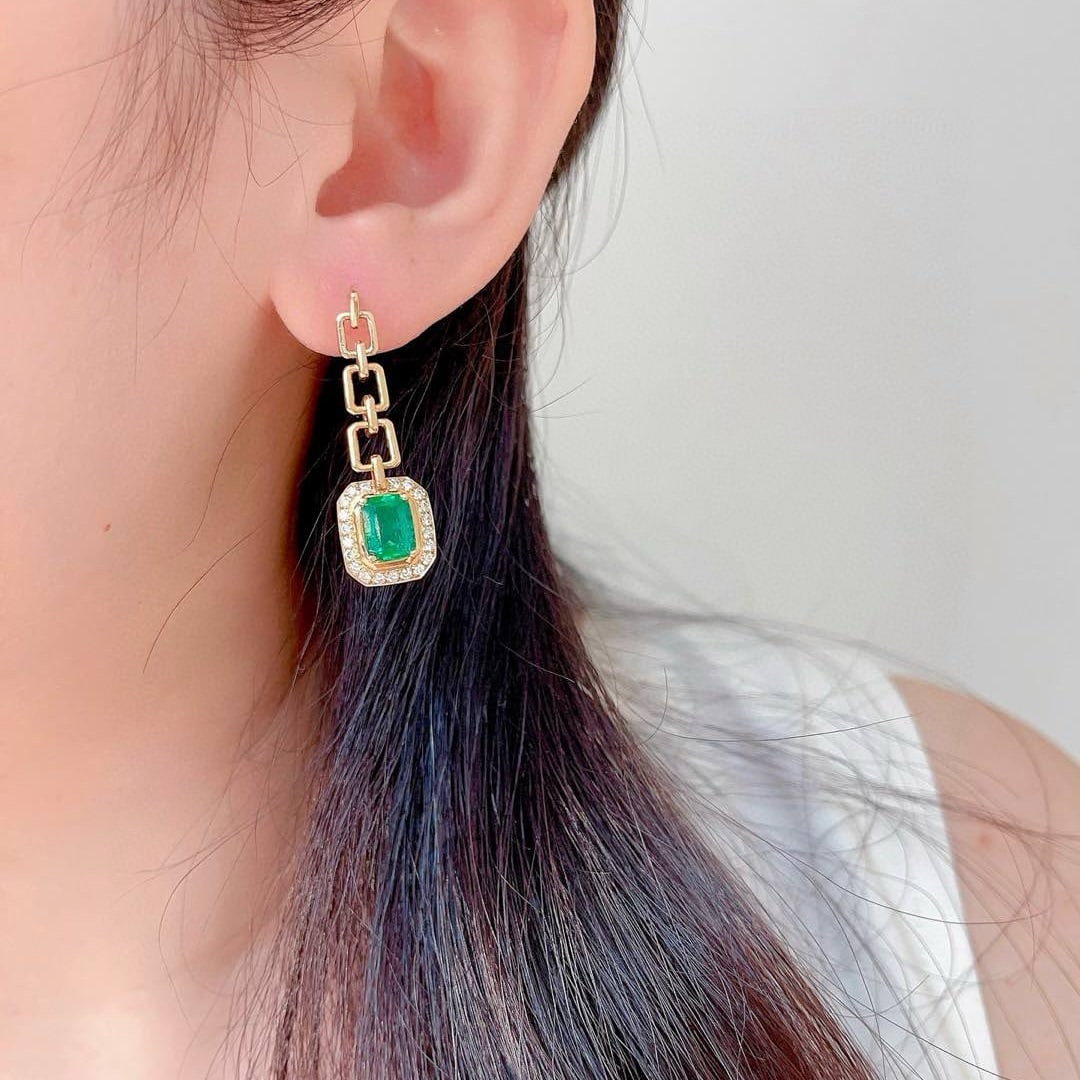 14k Gold 1.94 Ctw Vivid Green Natural Emerald & Diamond Earrings - 4