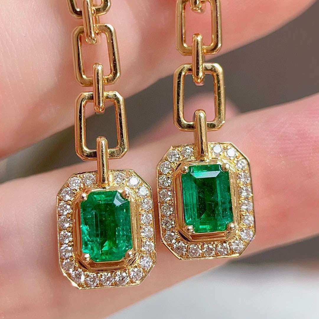14k Gold 1.94 Ctw Vivid Green Natural Emerald & Diamond Earrings - 5
