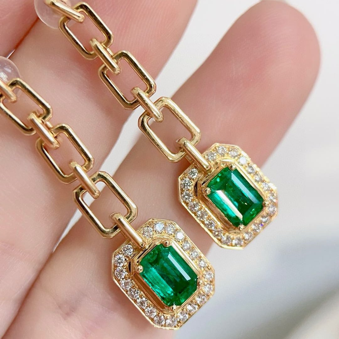 14k Gold 1.94 Ctw Vivid Green Natural Emerald & Diamond Earrings - 7
