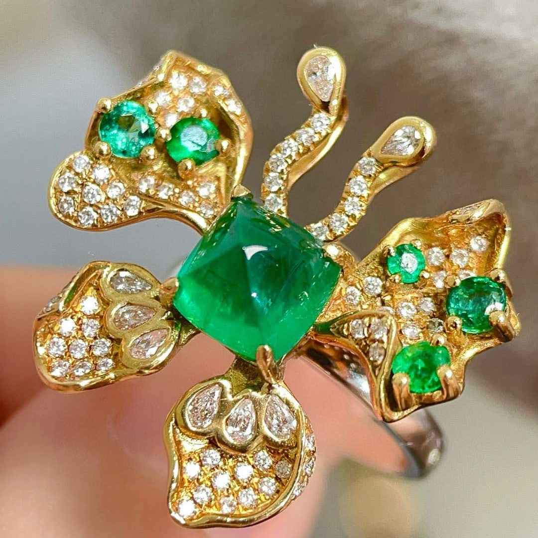 14k Gold 3.43 Ctw Vivid Green Natural Emerald & Diamond & Butterfly Ring/brooch/pendant( Without ... - 2