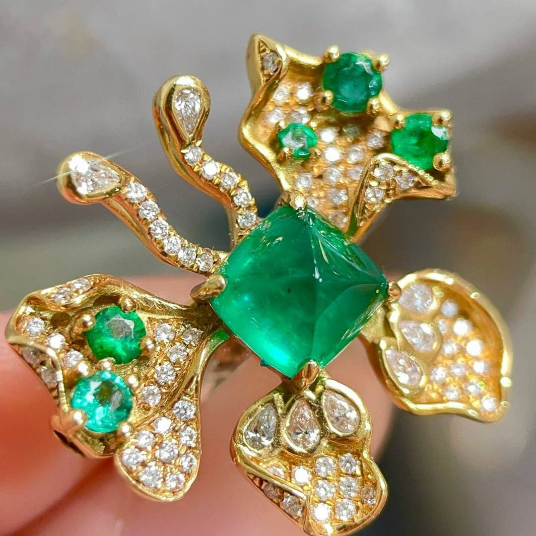 14k Gold 3.43 Ctw Vivid Green Natural Emerald & Diamond & Butterfly Ring/brooch/pendant( Without ... - 4