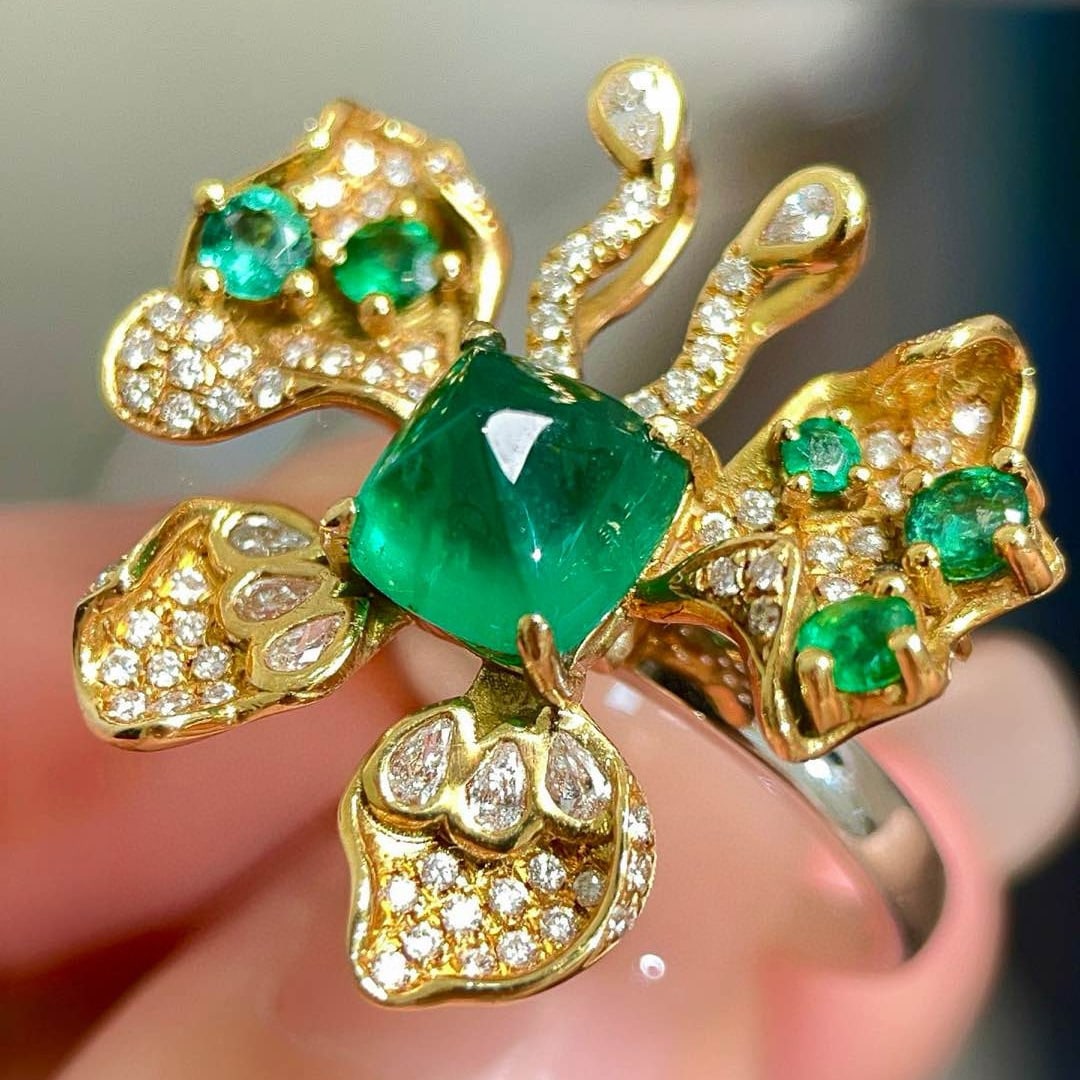 14k Gold 3.43 Ctw Vivid Green Natural Emerald & Diamond & Butterfly Ring/brooch/pendant( Without ... - 5