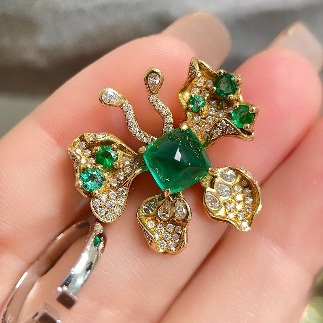 14k Gold 3.43 Ctw Vivid Green Natural Emerald & Diamond & Butterfly Ring/brooch/pendant( Without ... - 6