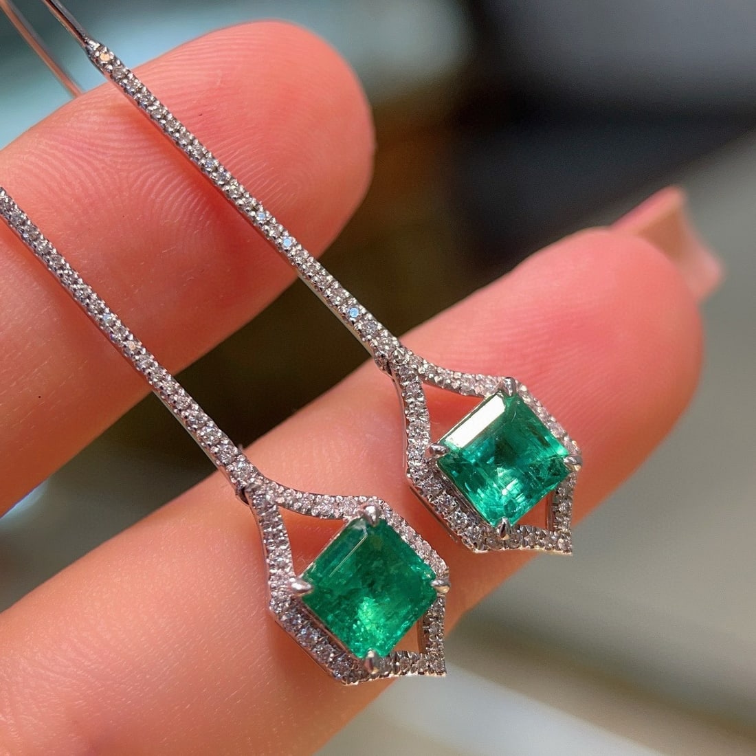 14k Gold 2.42 Ctw Vivid Green Natural Emerald & Diamond Earrings - 2