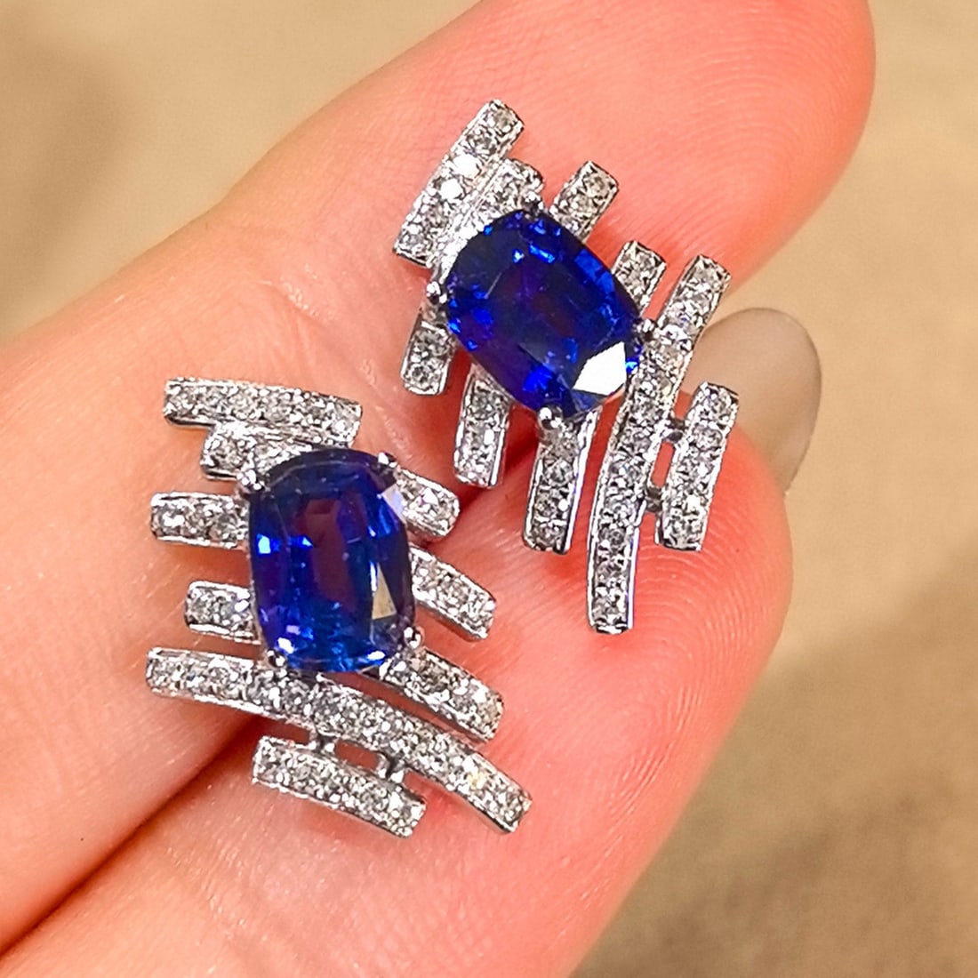 14k Gold 2.28 Ctw Natural Sapphire & Diamond Earrings: Ref:230951229 // gold content:14k gold // main gemstone:sapphire // shape:cushion // carat weight:1. 95ct // color:royal blue // treatment:natural // // adjacent gemstone 2 : diamond // shape:round //