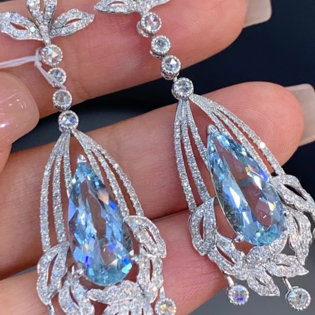 14k Gold 7.9 Ctw Natural Aquamarine & Diamond Earrings - 2