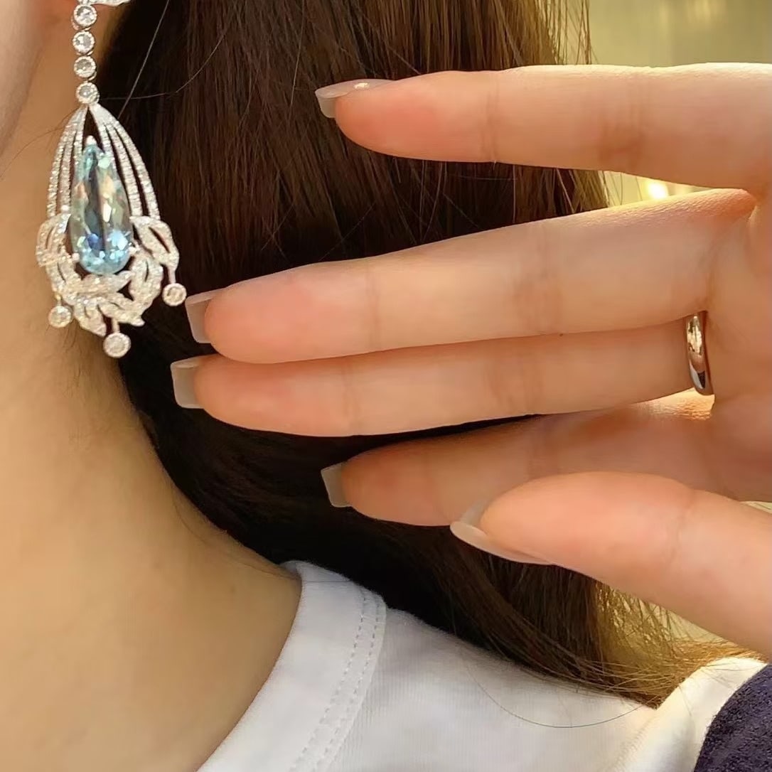 14k Gold 7.9 Ctw Natural Aquamarine & Diamond Earrings - 4