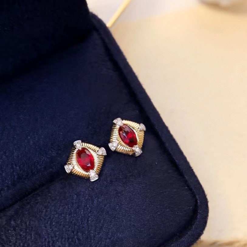 14k Gold 0.60 Ctw Natural Ruby & Diamond Earrings - 2