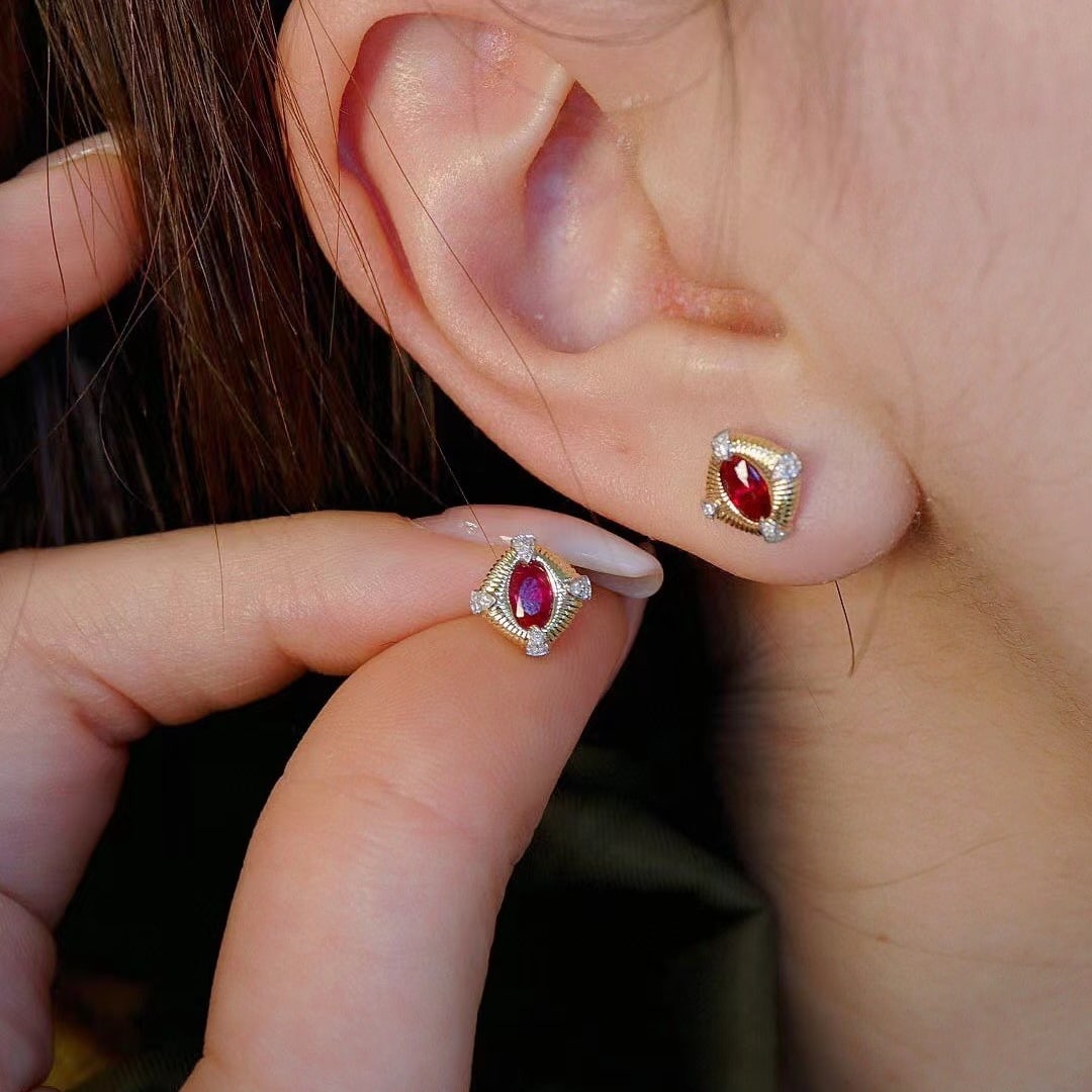 14k Gold 0.60 Ctw Natural Ruby & Diamond Earrings - 5