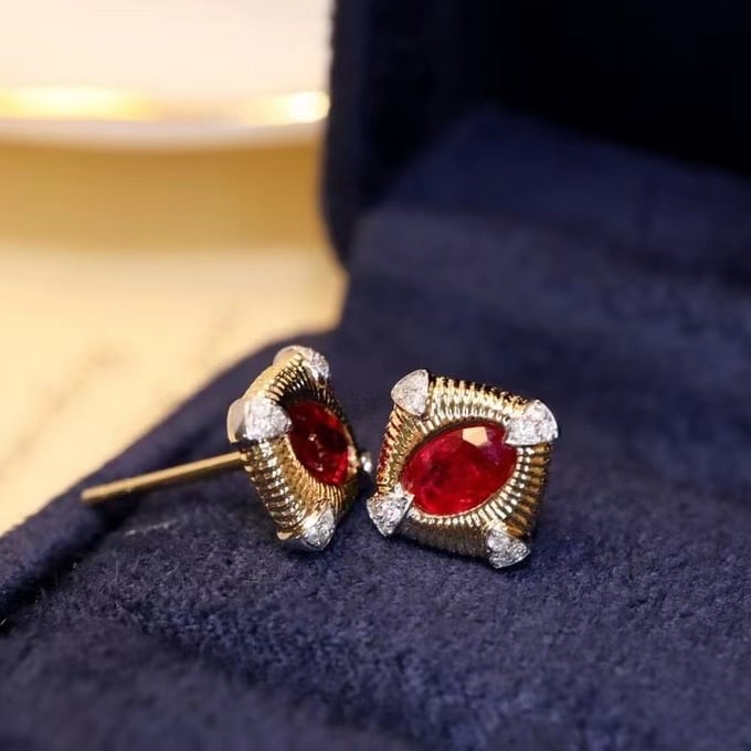 14k Gold 0.60 Ctw Natural Ruby & Diamond Earrings - 7