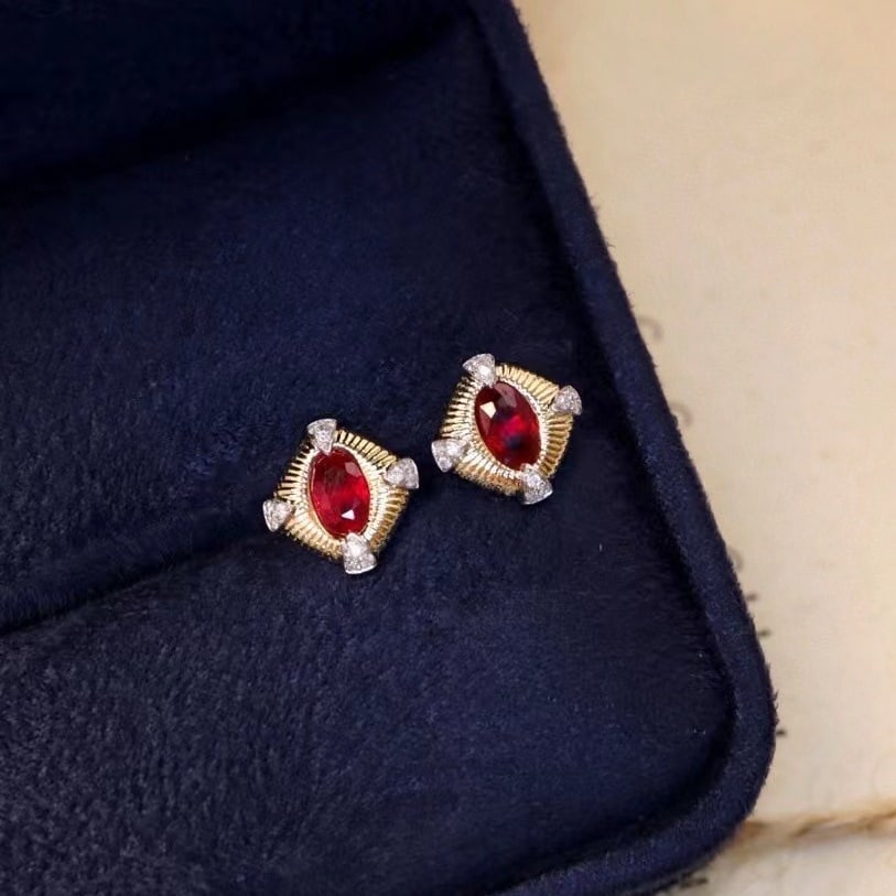 14k Gold 0.60 Ctw Natural Ruby & Diamond Earrings - 8