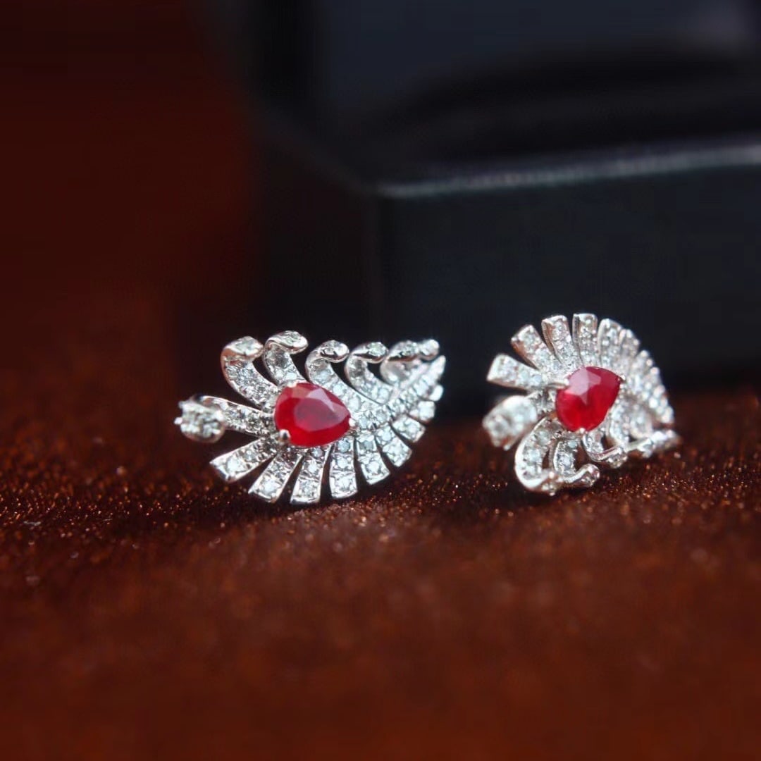 14k Gold 1.0 Ctw Vivid Red Natural Ruby & Diamond Earrings - 2