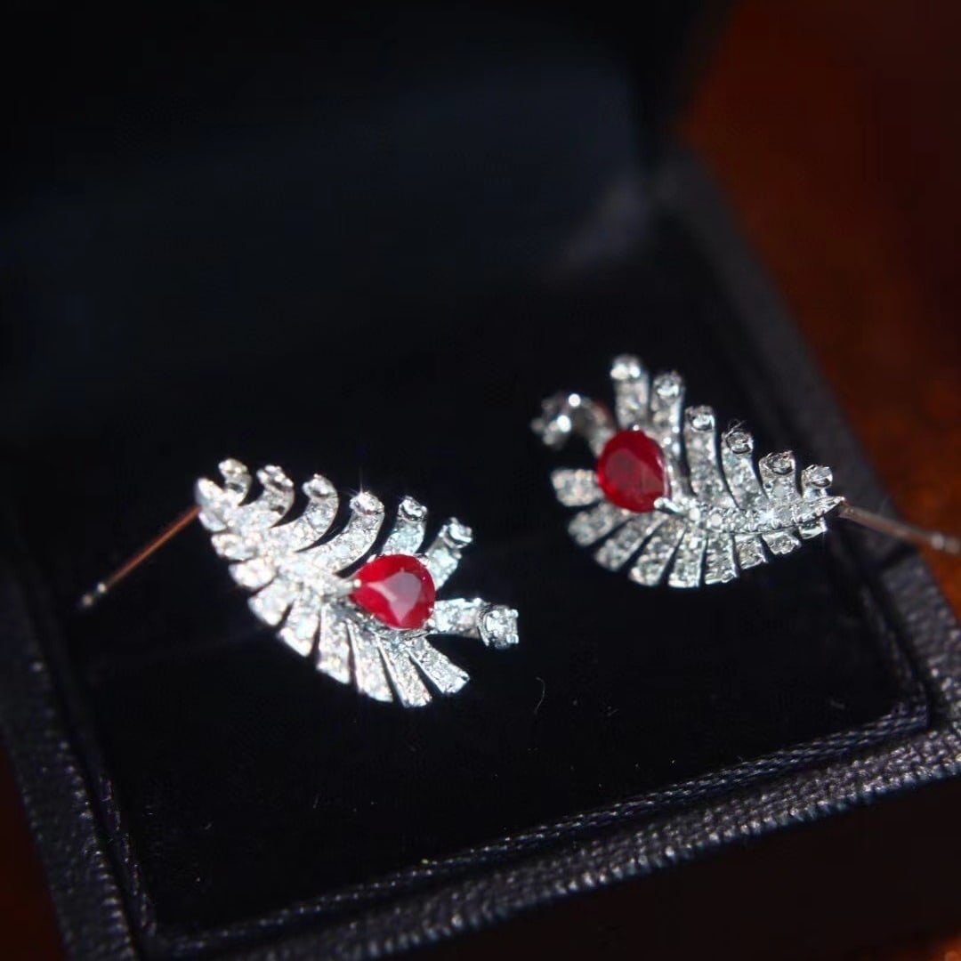 14k Gold 1.0 Ctw Vivid Red Natural Ruby & Diamond Earrings - 3