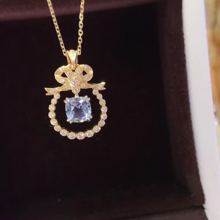 14k Gold 0.5 Ct Natural Aquamarine & Diamond Pendant( Without Chain ) - 2