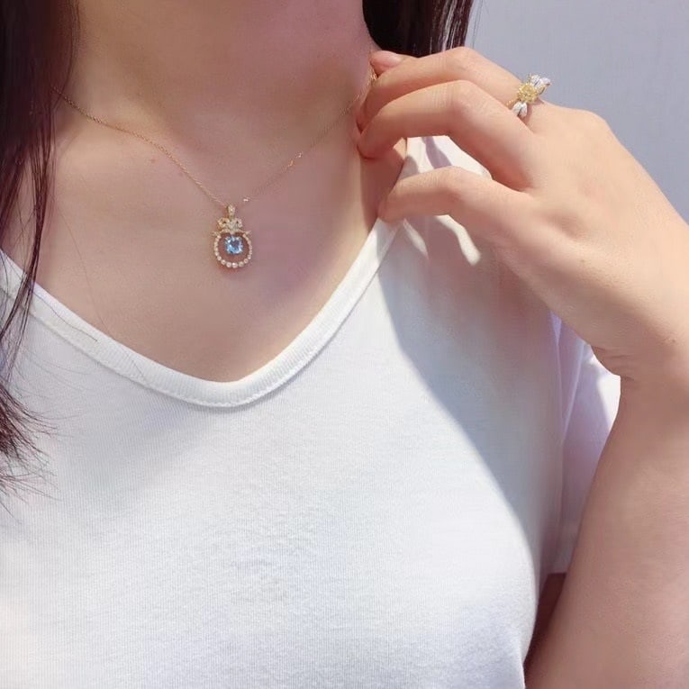 14k Gold 0.5 Ct Natural Aquamarine & Diamond Pendant( Without Chain ) - 3