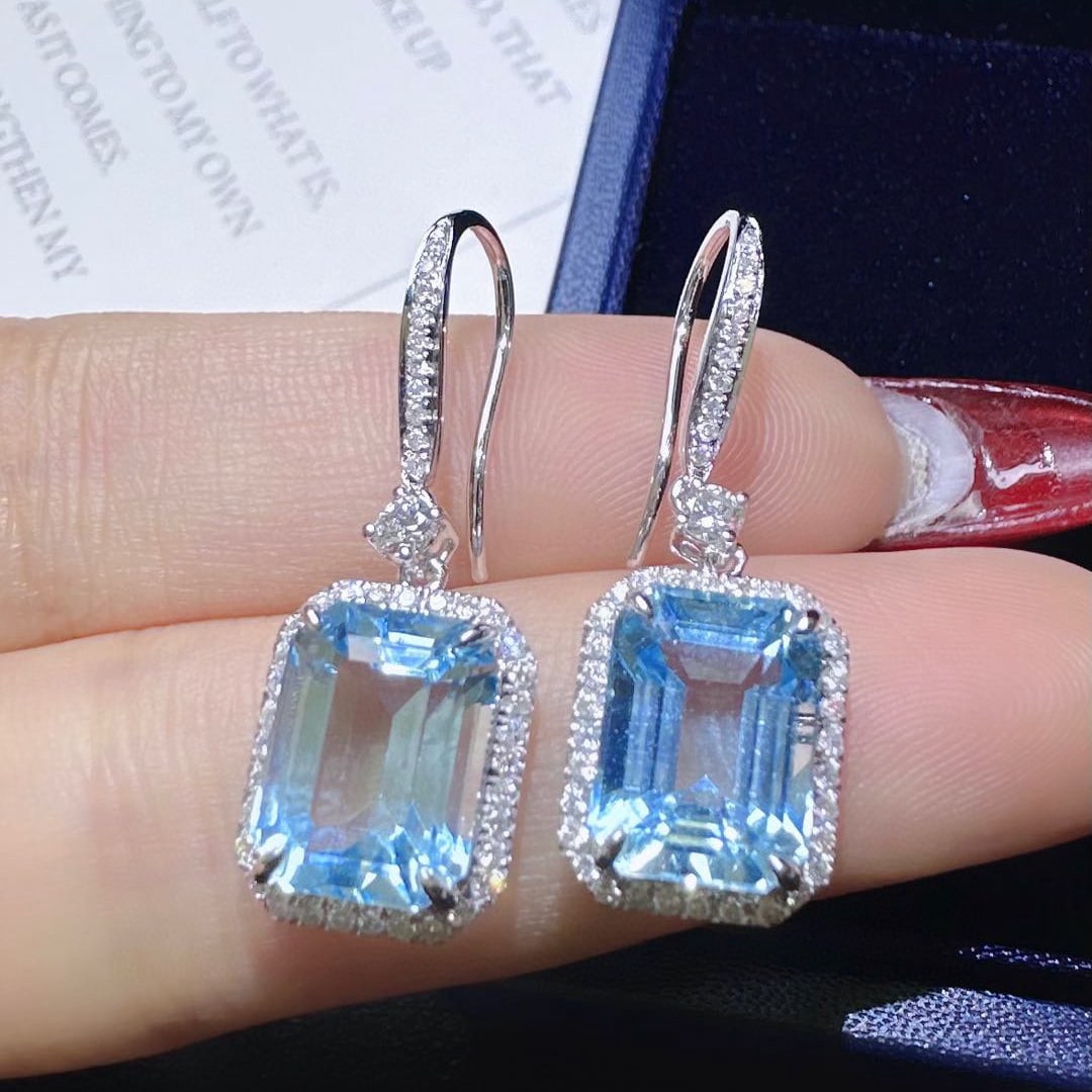 14k Gold 7.43 Ctw Natural Aquamarine & Diamond Earrings - 3