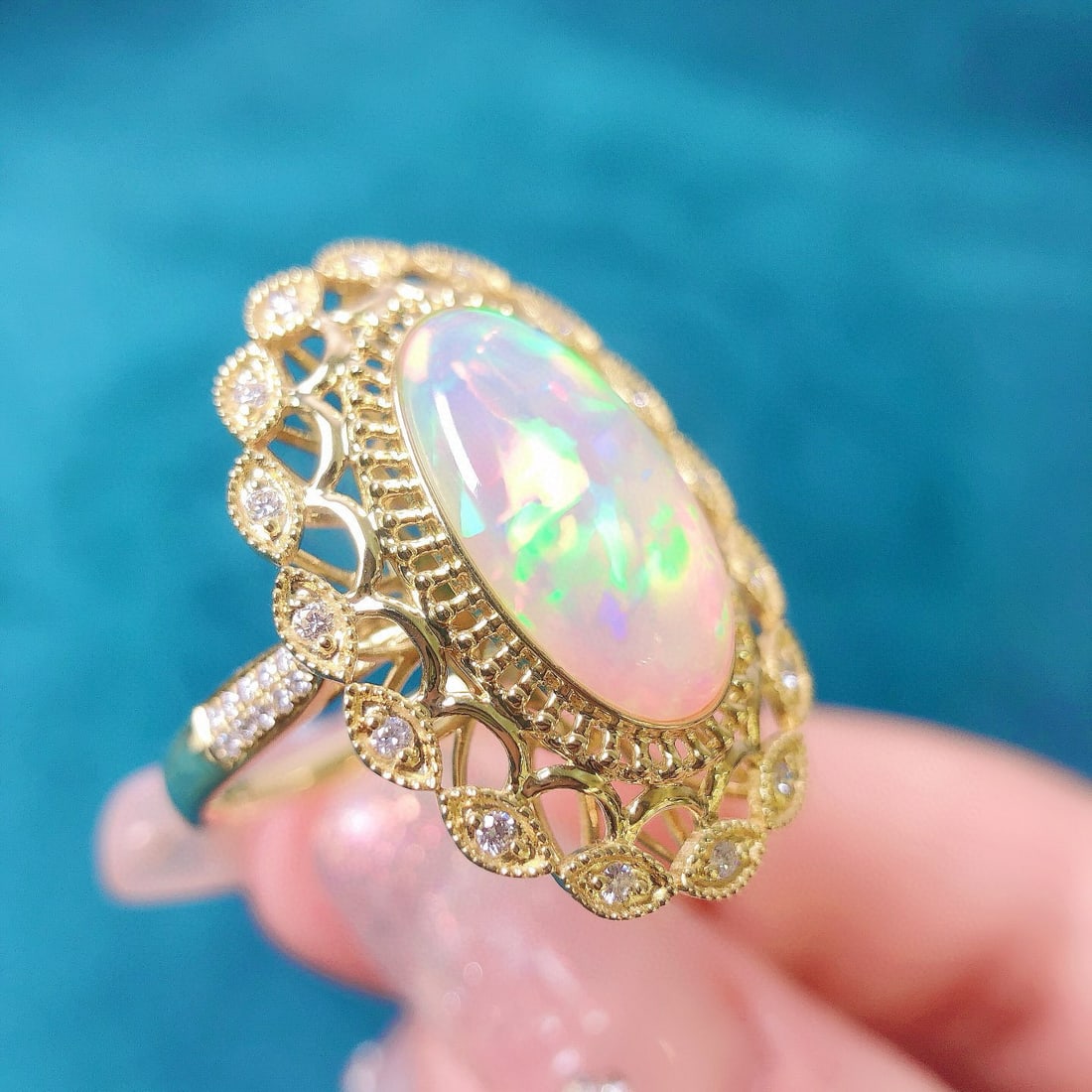 14k Gold 3.04 Ctw Natural Opal & Diamond Ring - 2