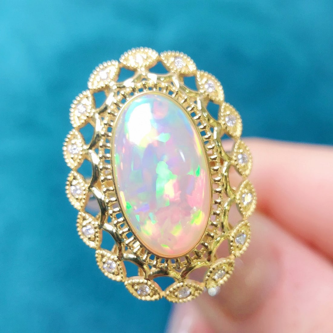 14k Gold 3.04 Ctw Natural Opal & Diamond Ring - 5