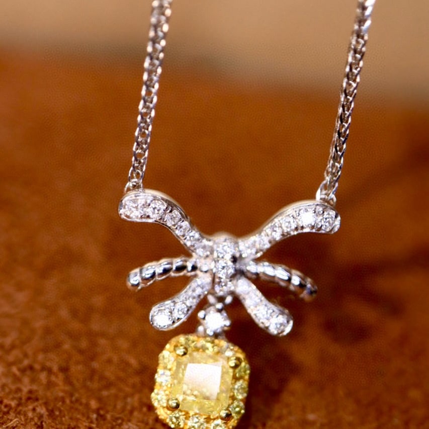 14k Gold 0.44 Ctw Natural Yellow Diamond & Diamond Necklace - 3