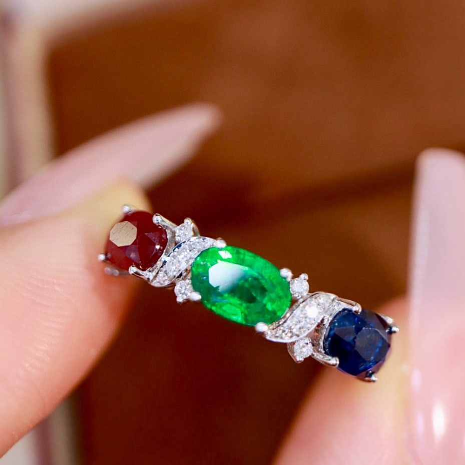 14k Gold 2.09 Ctw Natural Emerald & Sapphire & Ruby & Diamond Ring - 6
