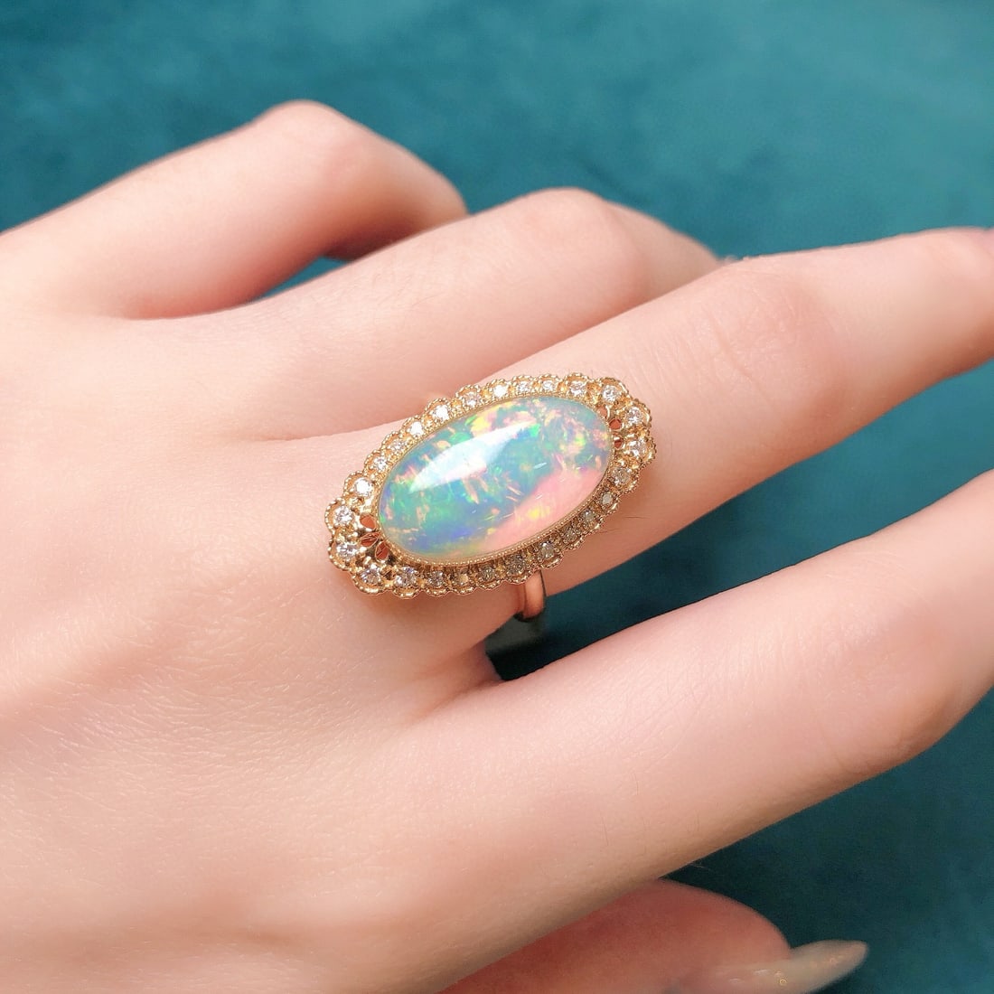 14k Gold 3.94 Ctw Natural Opal & Diamond Ring - 8