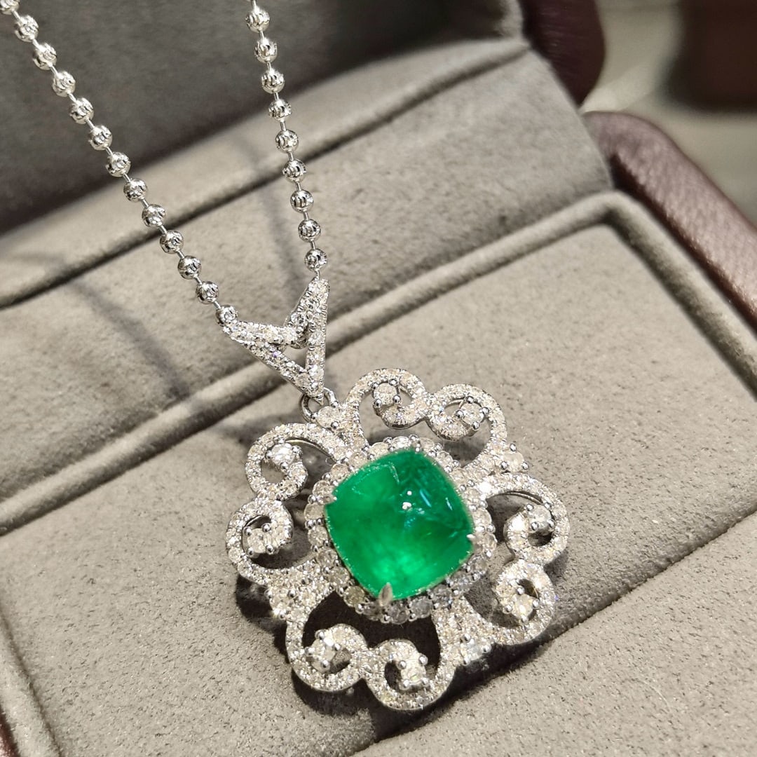 14k Gold 4.06 Ctw Vivid Green Natural Emerald & Diamond Pendant( Without Chain ) - 2