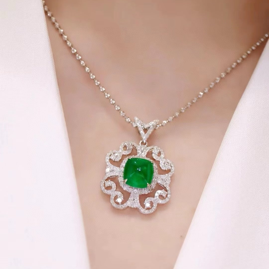 14k Gold 4.06 Ctw Vivid Green Natural Emerald & Diamond Pendant( Without Chain ) - 6