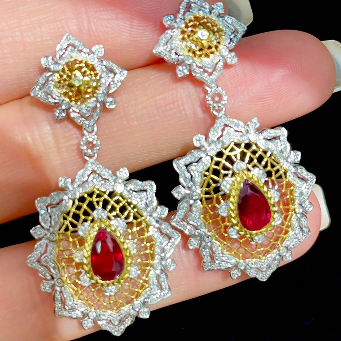 14k Gold 2 Ct Natural Ruby & Diamond Earrings - 2