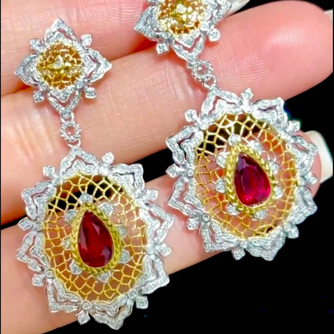 14k Gold 2 Ct Natural Ruby & Diamond Earrings - 3
