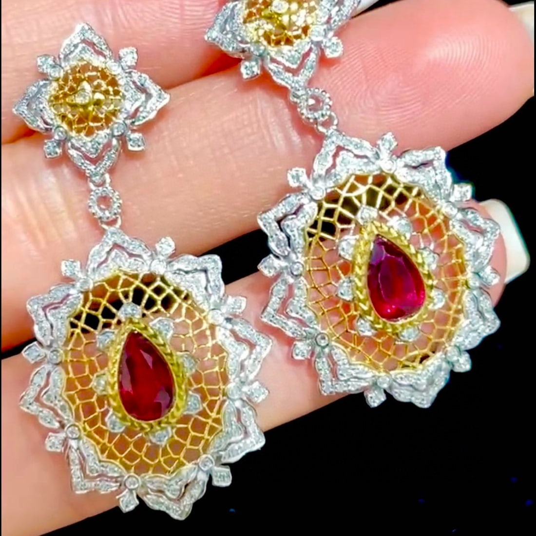 14k Gold 2 Ct Natural Ruby & Diamond Earrings - 4