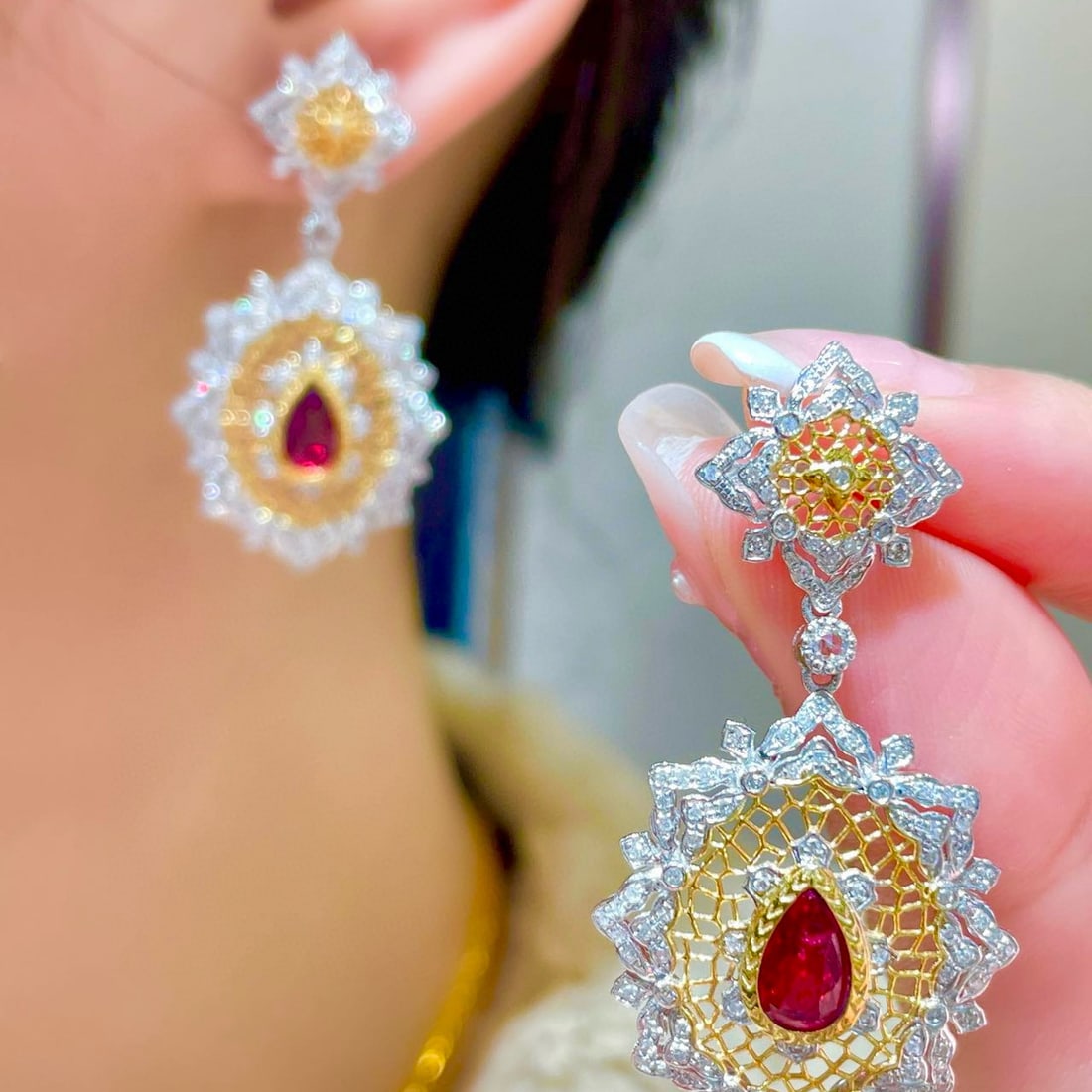 14k Gold 2 Ct Natural Ruby & Diamond Earrings - 5