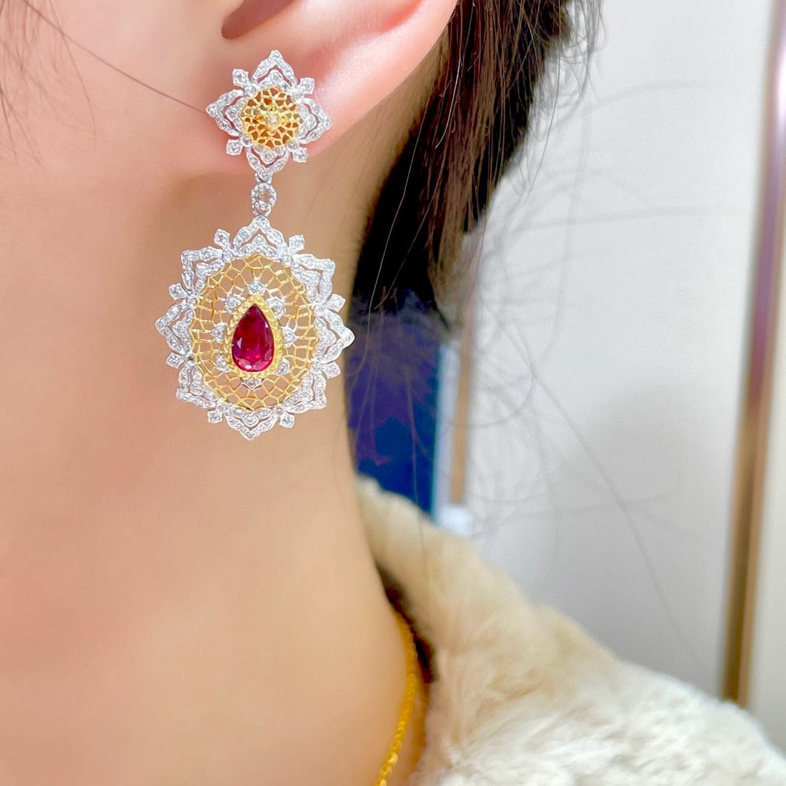 14k Gold 2 Ct Natural Ruby & Diamond Earrings - 6