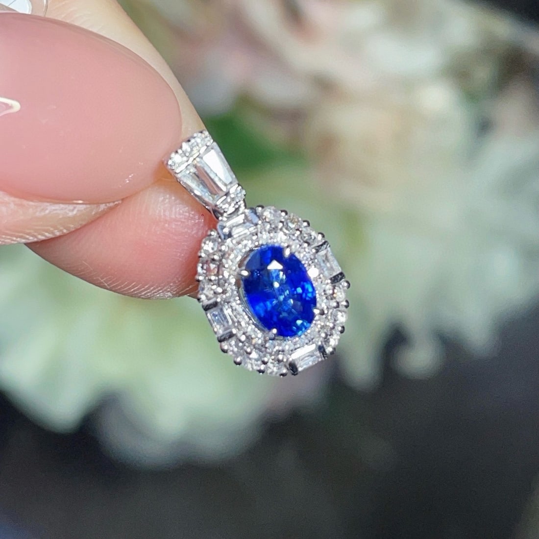 14k Gold 0.81 Ct Natural Sapphire & Diamond & Sapphire Pendant( Without Chain ) - 2